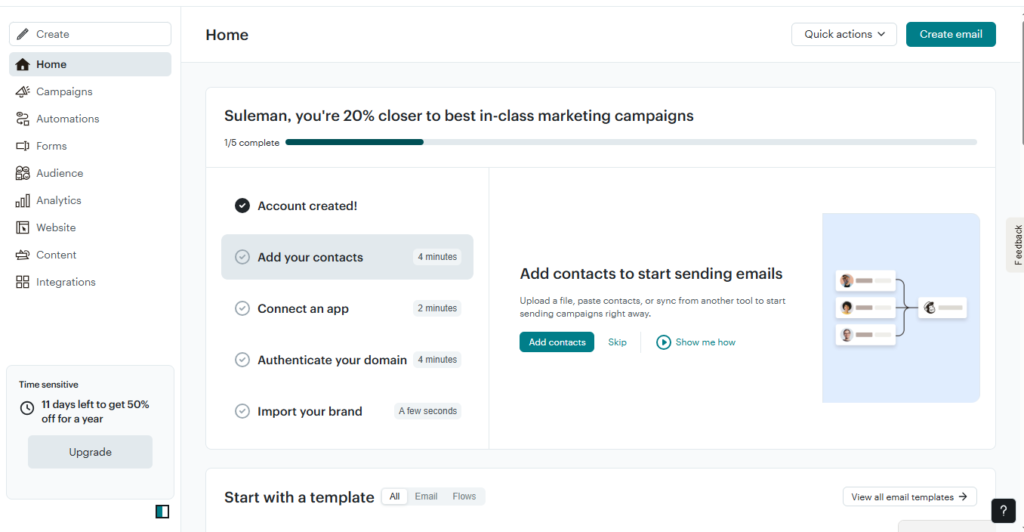 Mailchimp dashboard interface overview for email marketing management