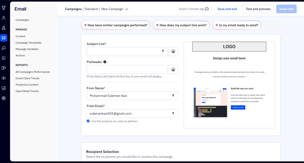 ActiveCampaign campaign management screen with campaign types and recent sends