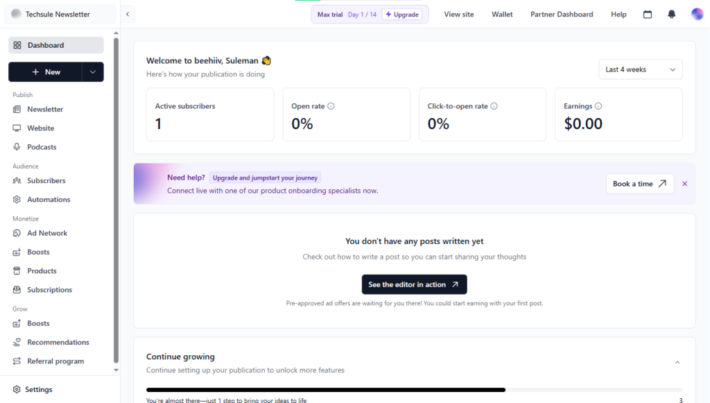 Beehiiv dashboard overview in Kit vs Beehiiv comparison