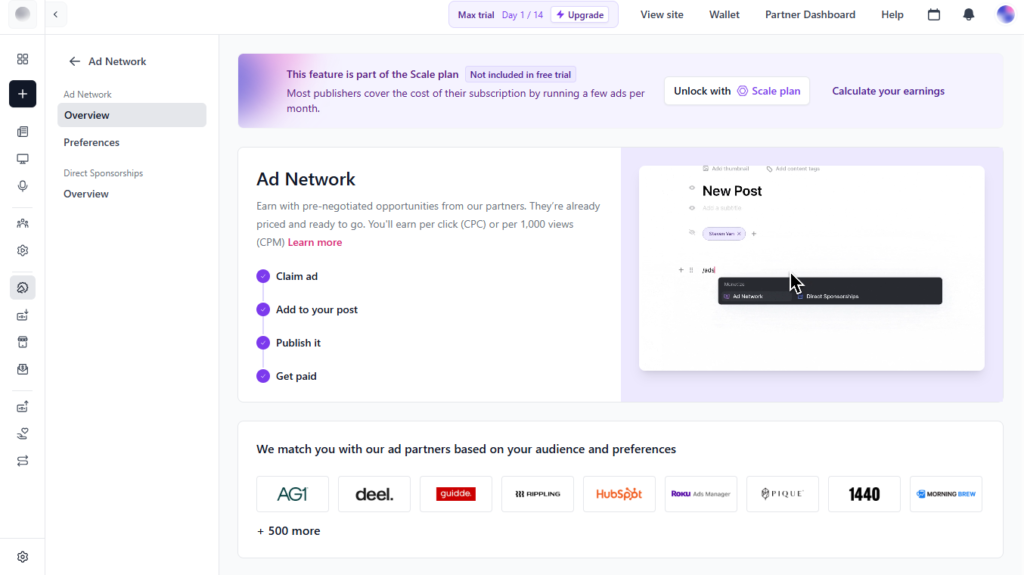 Beehiiv ad network monetization dashboard