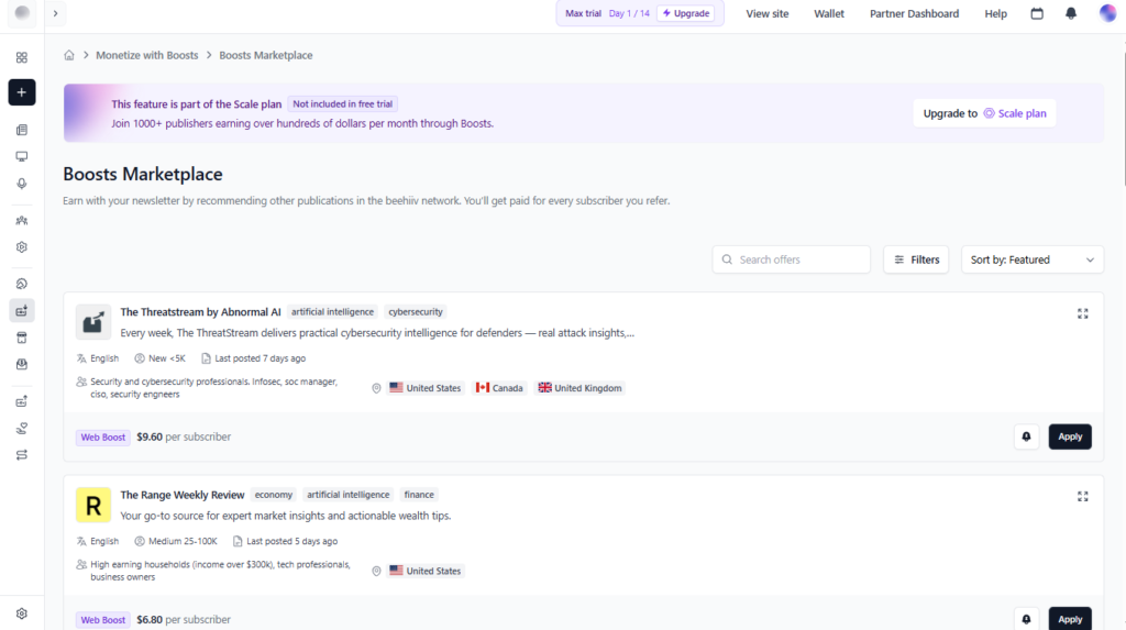 Beehiiv boost marketplace for newsletter growth
