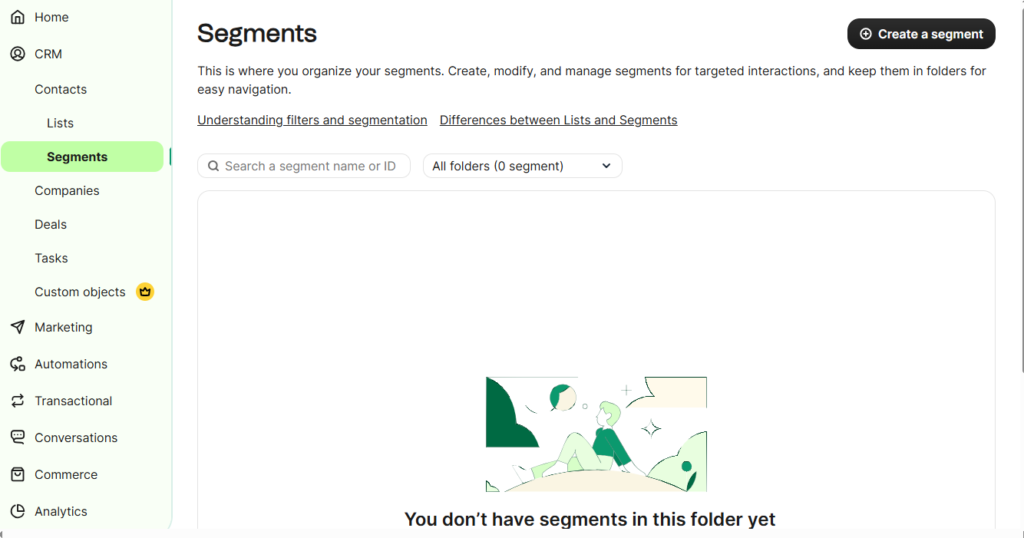 Brevo contact management dashboard with CRM segmentation features