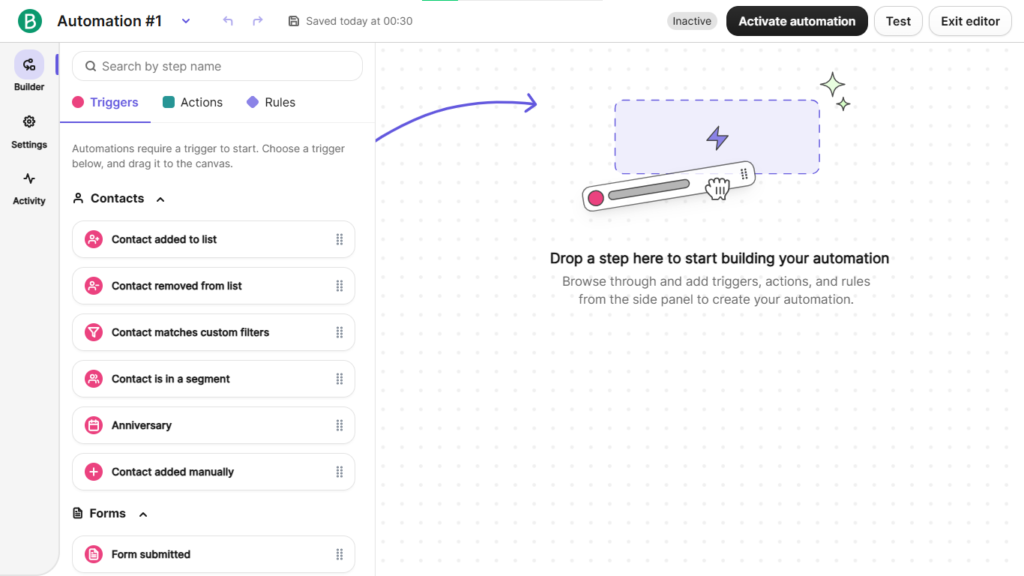 Brevo automation workflow builder with trigger and action steps