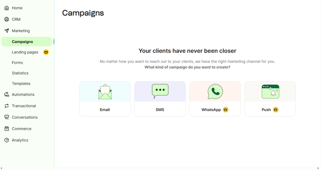 Brevo email campaigns list with statuses and metrics