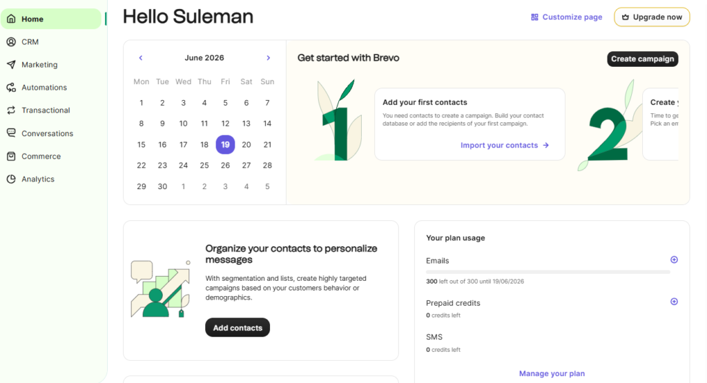Brevo dashboard with campaign, contacts, and activity overview