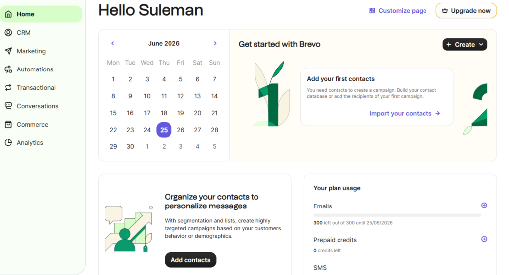 Brevo dashboard showing CRM marketing and customer engagement tools