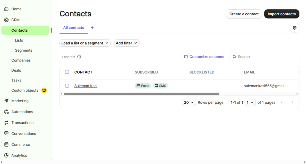 Brevo contacts dashboard showing subscriber lists, contact details, segmentation options, and audience management tools