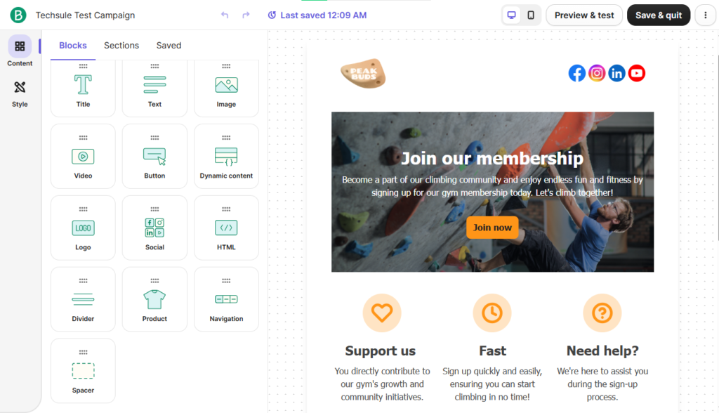 Brevo drag-and-drop email editor with blocks and template settings
