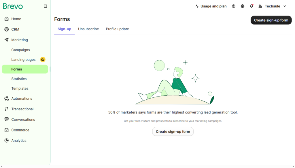 Brevo signup form builder with subscriber collection features