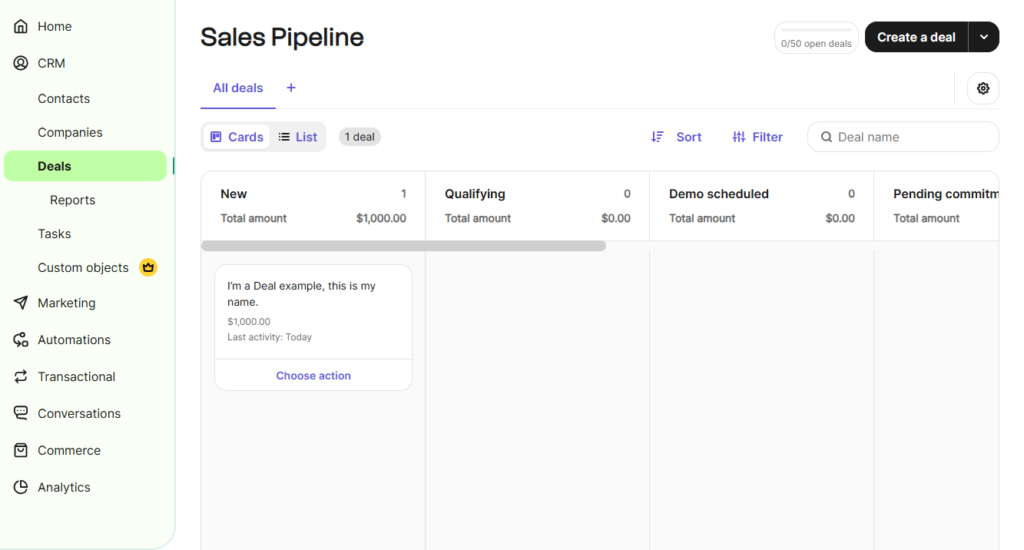 Brevo CRM deals pipeline with stages and deal cards