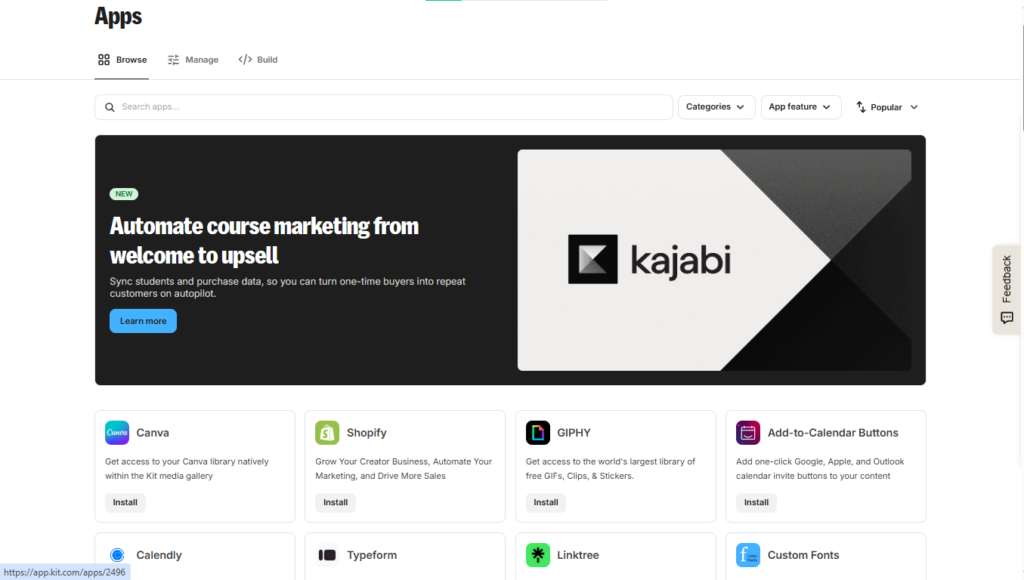 Kit App Store showing available integrations and creator tools.