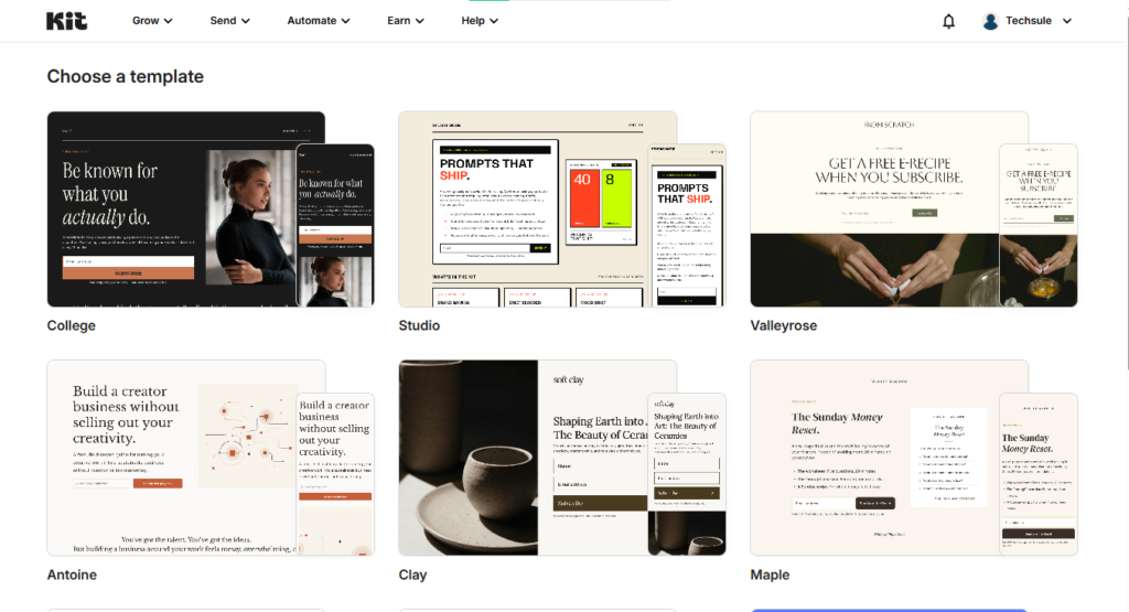 Kit landing page templates for lead generation and newsletters.
