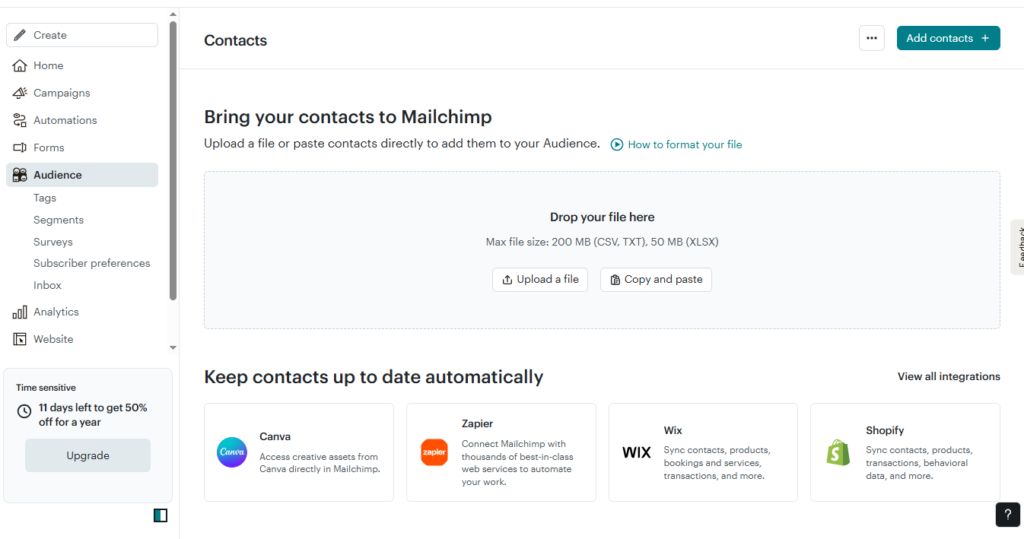 Mailchimp audience management dashboard with contacts and segments.