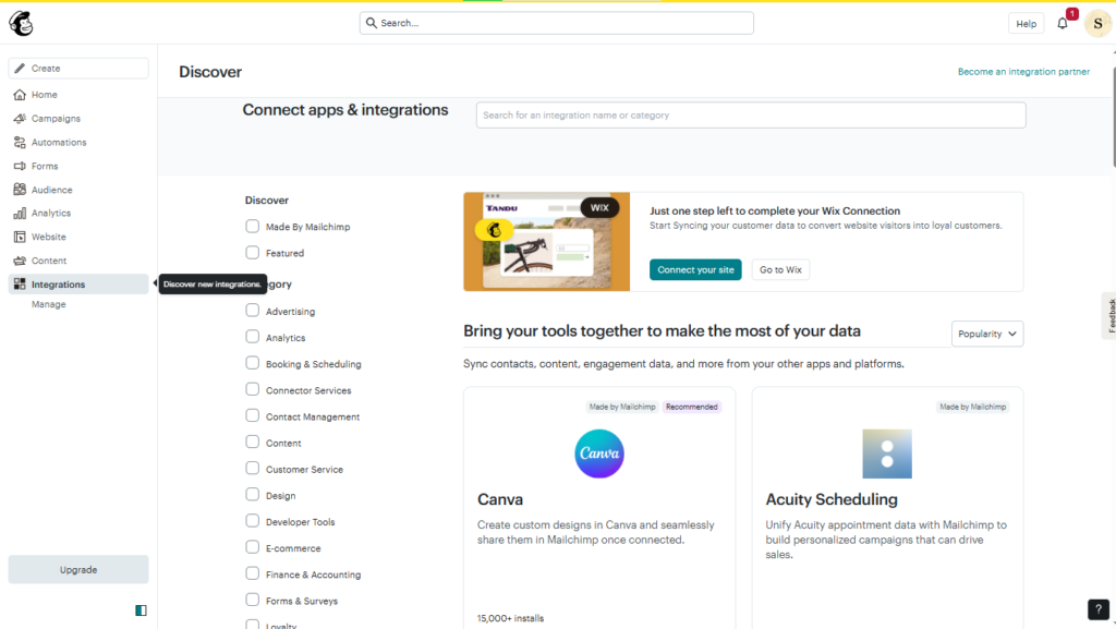 Mailchimp integrations directory with business and ecommerce apps.