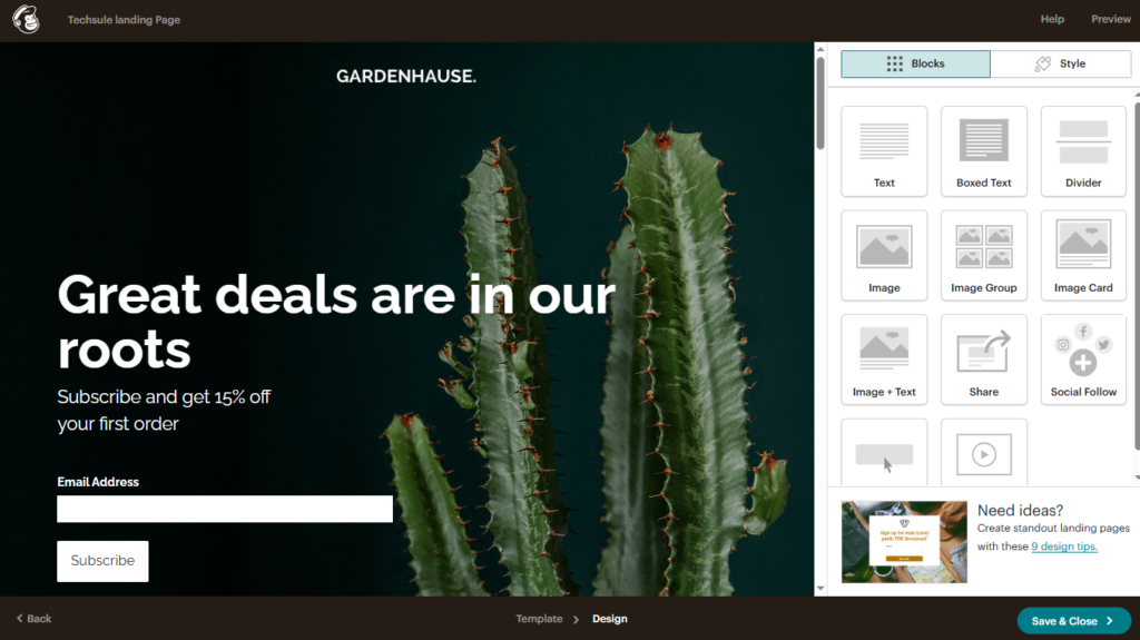 Mailchimp landing page builder with drag-and-drop customization.