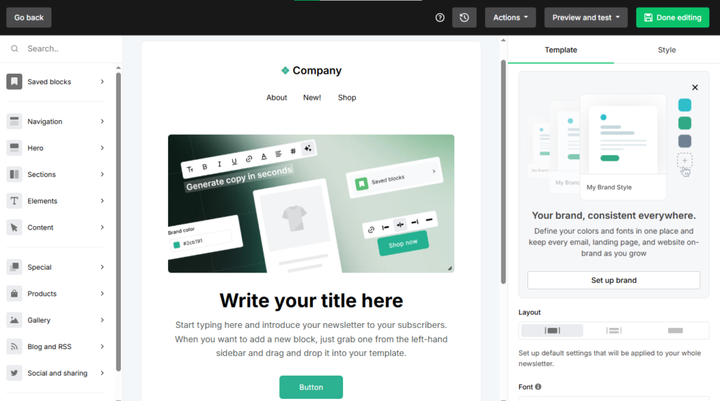 MailerLite drag and drop email editor for newsletter creation
