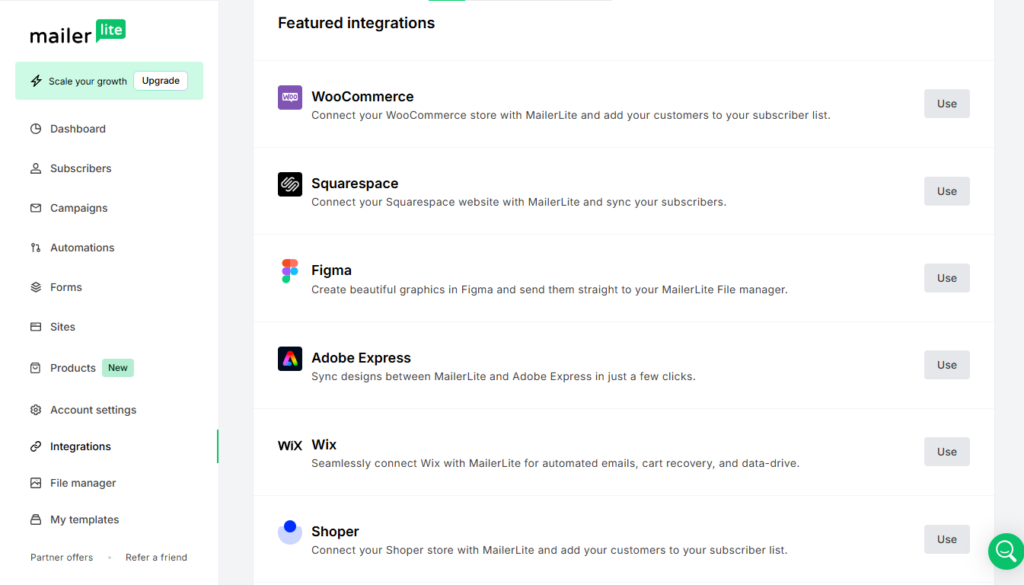 MailerLite integrations page showing connected apps and services