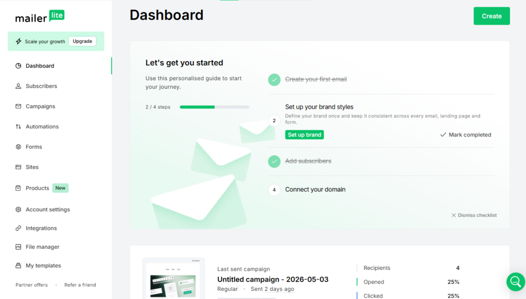 MailerLite vs Brevo dashboard comparison highlighting key platform features