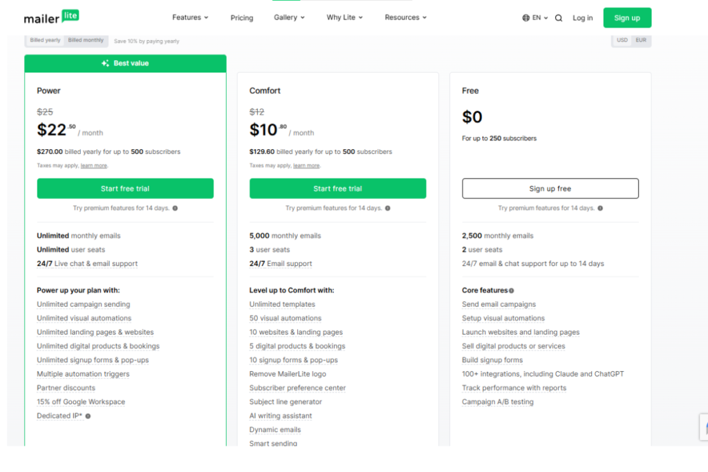 MailerLite pricing plans for email marketing and automation
