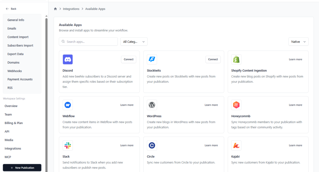 Beehiiv integrations dashboard in Kit vs Beehiiv comparison