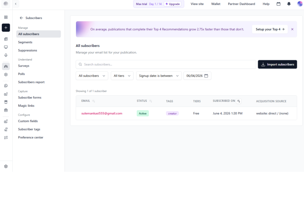 Beehiiv subscribers dashboard showing email list management and audience details