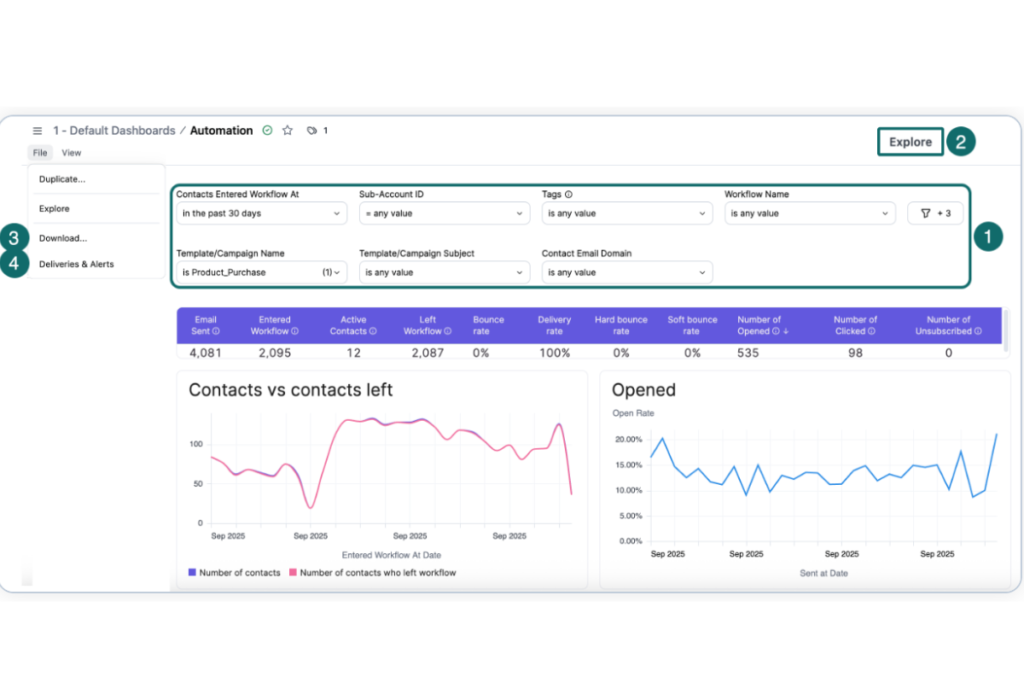 Brevo analytics dashboard showing email campaign performance and engagement metrics