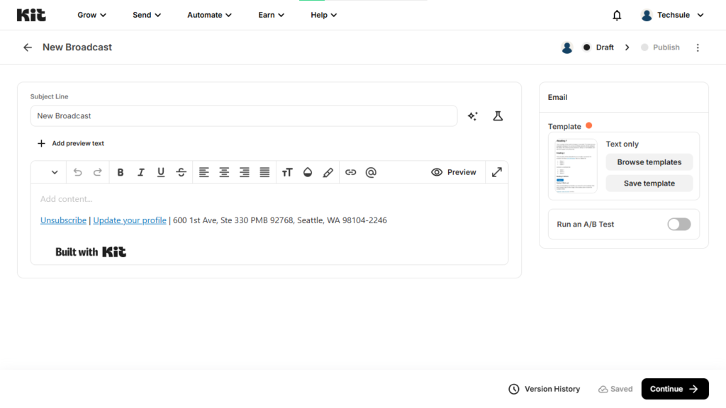 Kit email editor for creating newsletter campaigns.