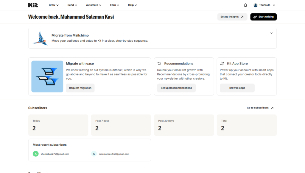 Kit dashboard showing subscriber statistics, email engagement, and creator analytics