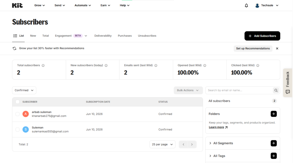 Kit subscriber management with tags and audience segmentation.