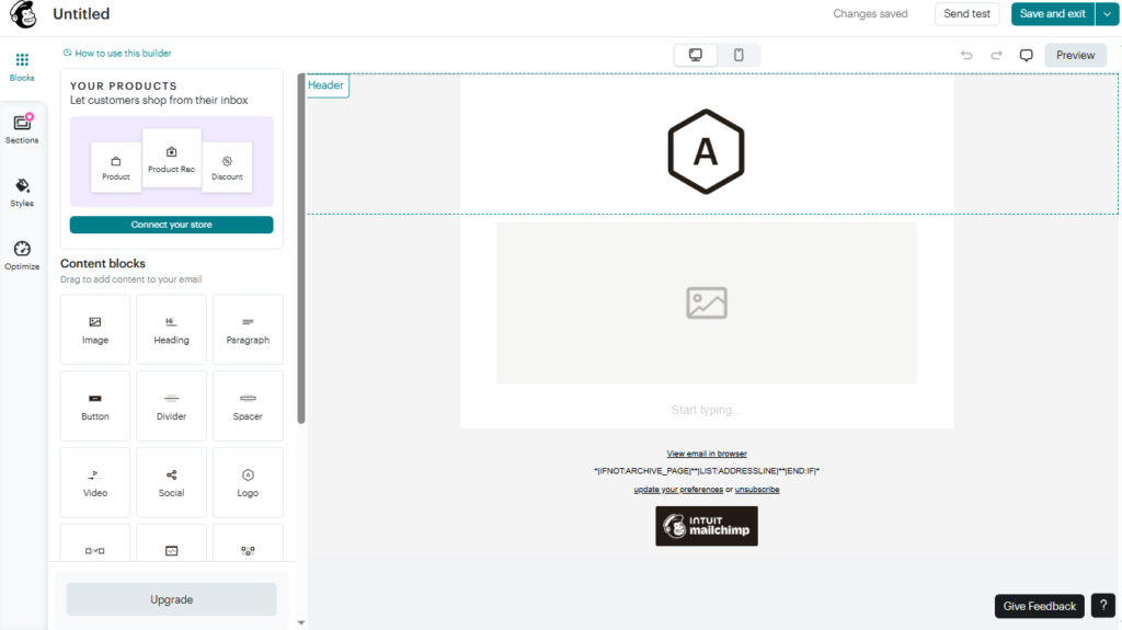 Mailchimp drag-and-drop email builder for marketing campaigns.