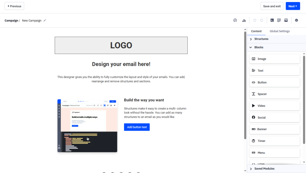ActiveCampaign email designer with drag-and-drop builder