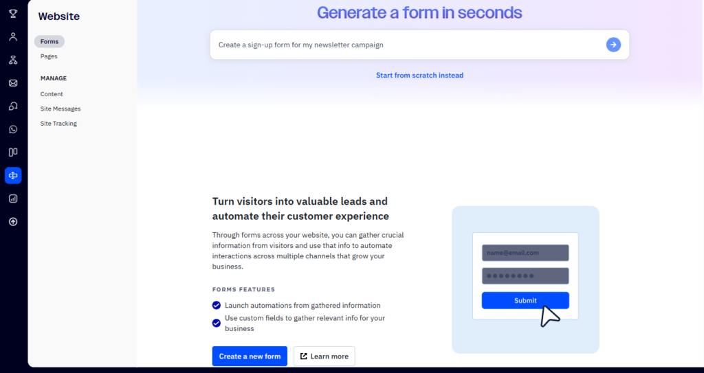 ActiveCampaign built-in forms management interface