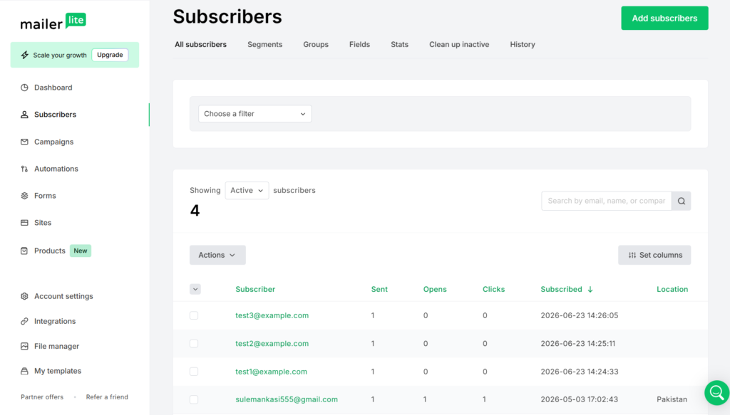 MailerLite subscriber management dashboard