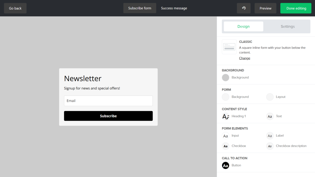MailerLite form builder for creating signup forms