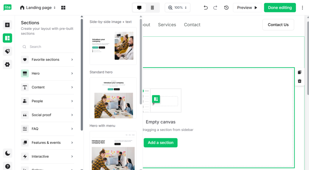 MailerLite landing page builder interface