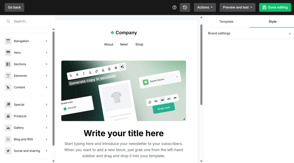 MailerLite drag-and-drop email editor interface